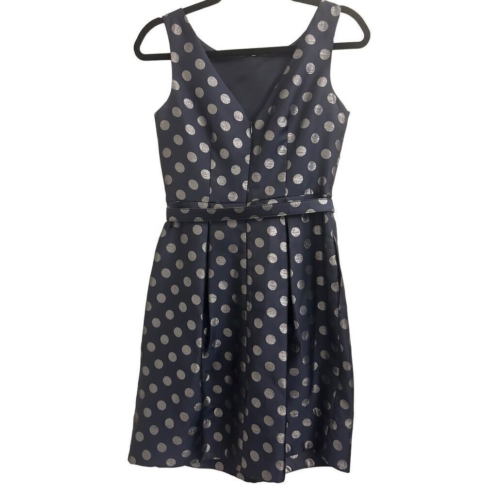 Eliza J navy x silver polka dot cocktail dress size 4 with matching belt EUC par - Picture 3 of 9